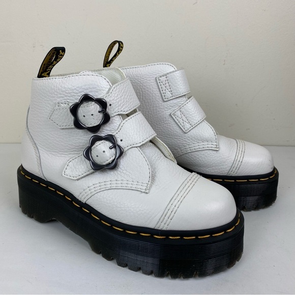 New Dr. Martens Devon Flower Buckle Leather Platform Boots - Picture 2 of 9